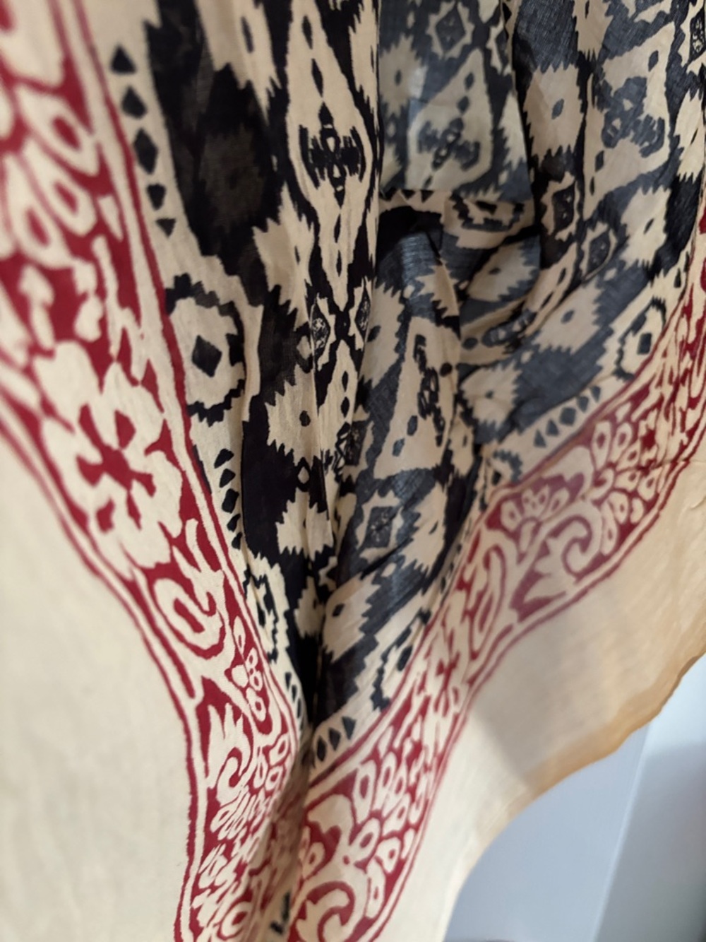 Black and Cream Printed Boho Kimono with Red Trim - Picture 4 of 6